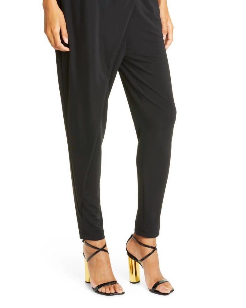 Front of a model wearing a size L Shana Jersey Pants in Black in Black by cinq a sept. | dia_product_style_image_id:338551